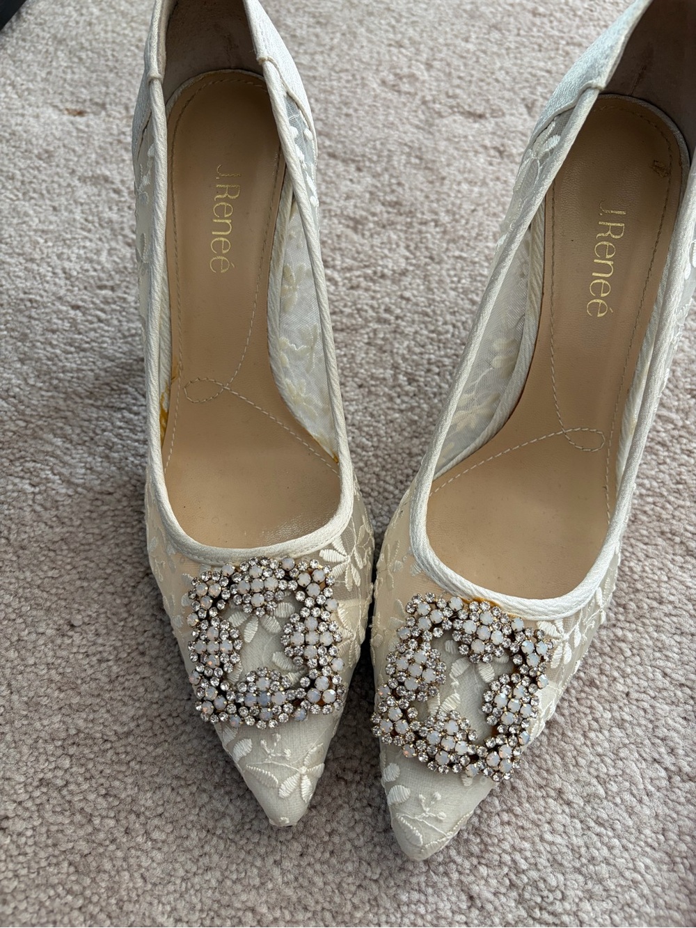 J.Reneé Ivory Lace Pointed-Toe Heels with Crystal Buckles